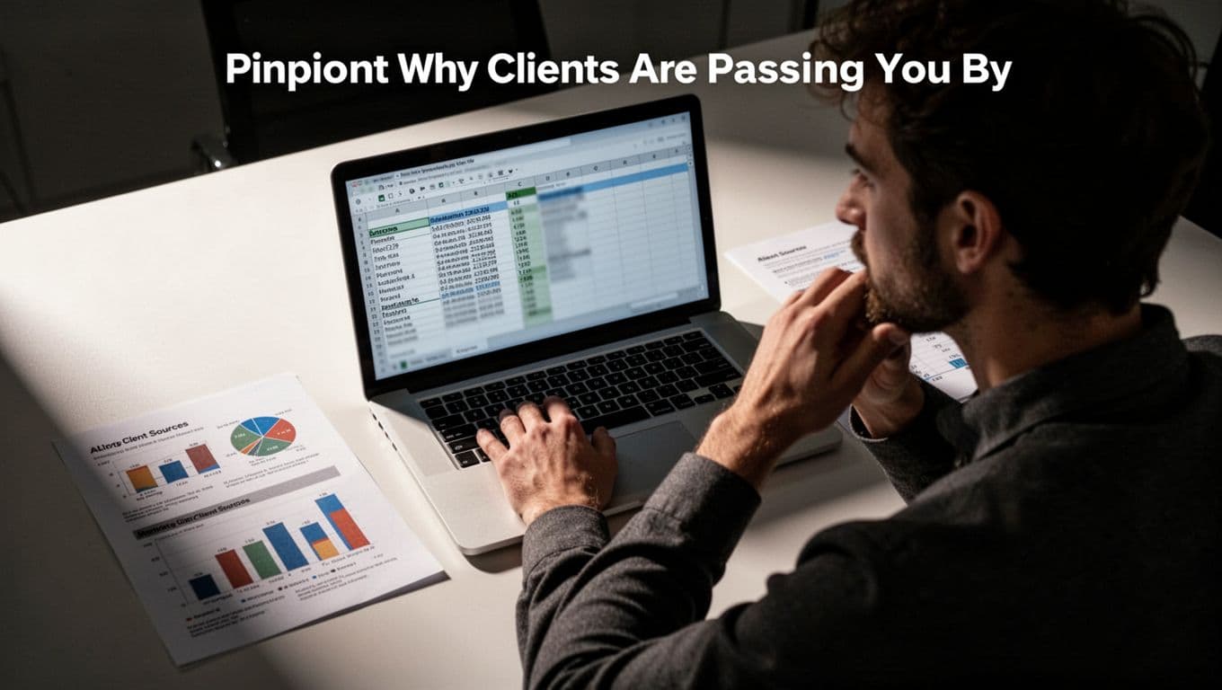 A person thoughtfully reviews a spreadsheet on a laptop tracking client sources and marketing efforts at a simple office desk with printed charts nearby. Dramatic overhead lighting creates strong shadows and contrast in a cinematic style.