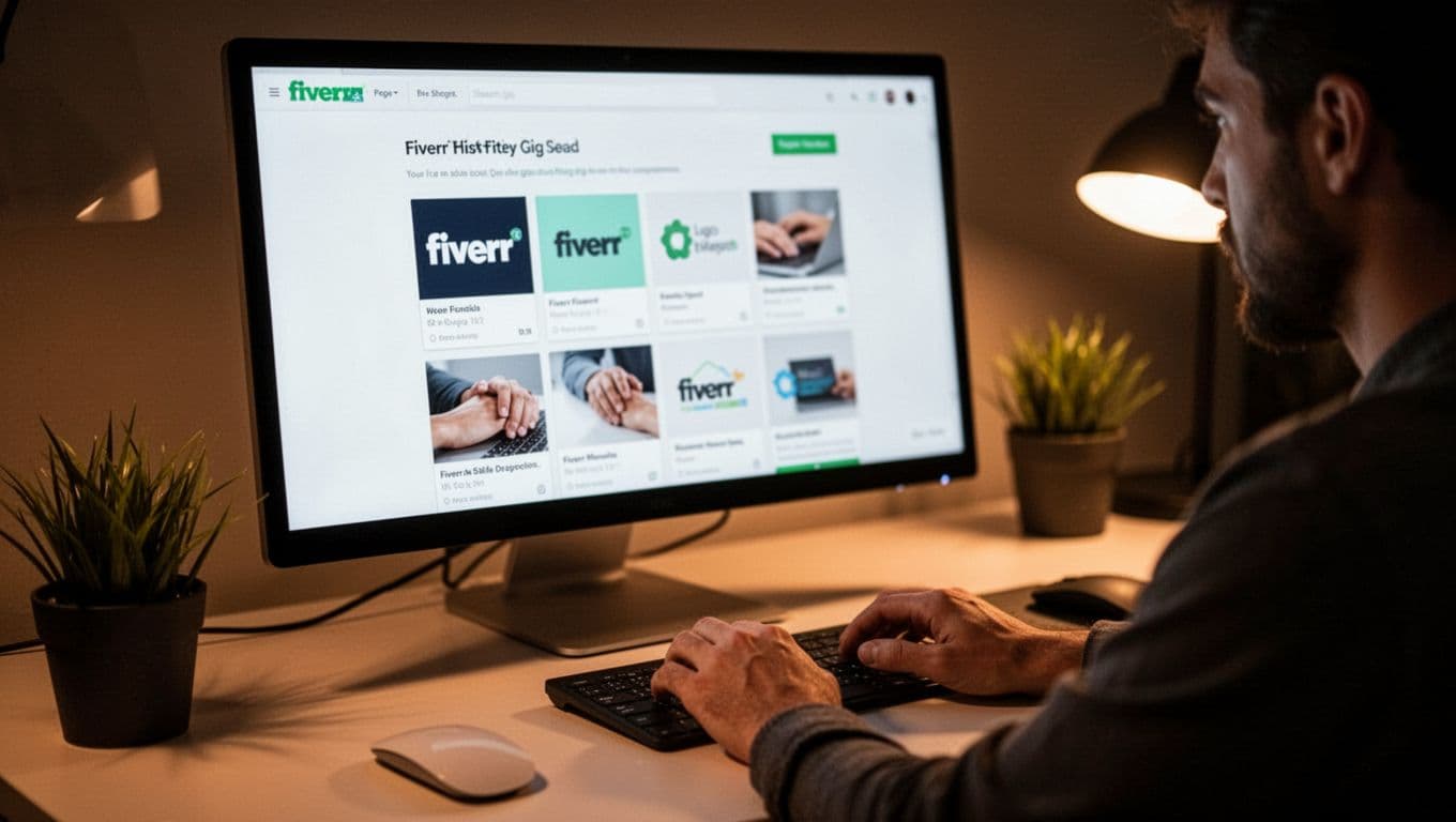 Close-up of a beginner freelancer's screen showing blurred Fiverr gig creation page with sample thumbnails, relaxed hands typing description on simple desk with mouse and plant under warm lamp light, cinematic style with dramatic lighting and depth of field.