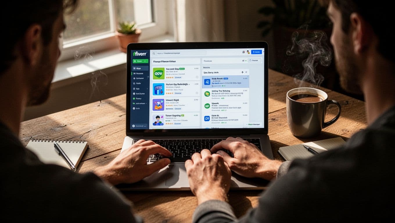 Laptop on a wooden desk in a cozy home office displaying blurred freelance platform interfaces like Fiverr and Upwork, with relaxed hands of a beginner freelancer typing, steaming coffee mug and notebook nearby, natural window light and cinematic style.