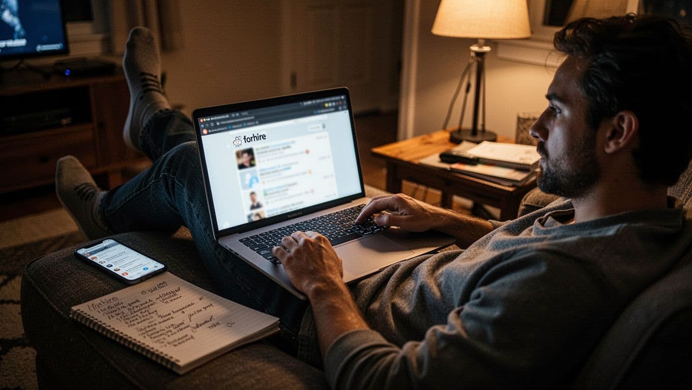 A person in a casual home setting leans back relaxed, browsing Reddit's r/forhire feed on a laptop with blurred content, phone with notifications nearby, notebook with notes, under evening lamp light with cinematic strong contrast and dramatic shadows.