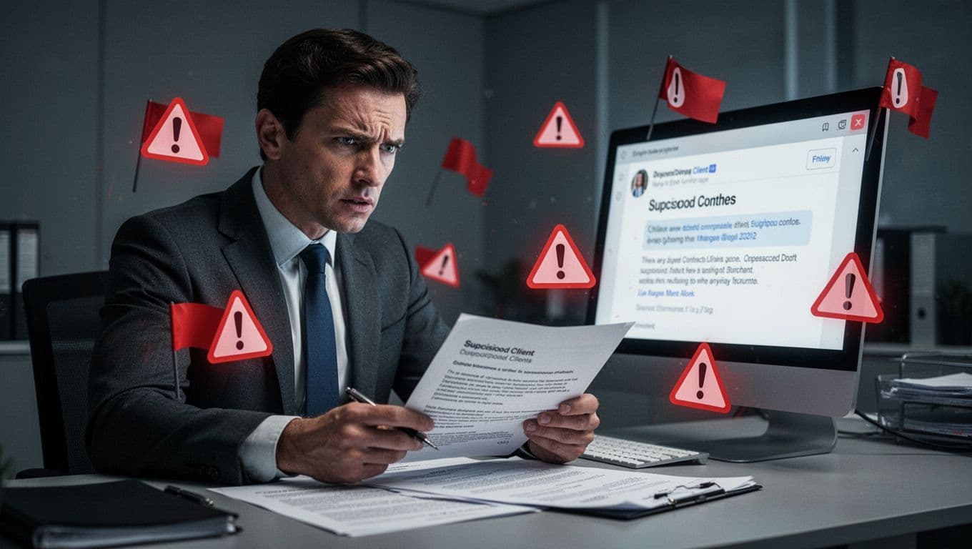 A business professional reviews contract documents at a desk with metaphorical red flag warning icons surrounding a suspicious client email on a blurred screen, displaying a tense expression in a cinematic style.
