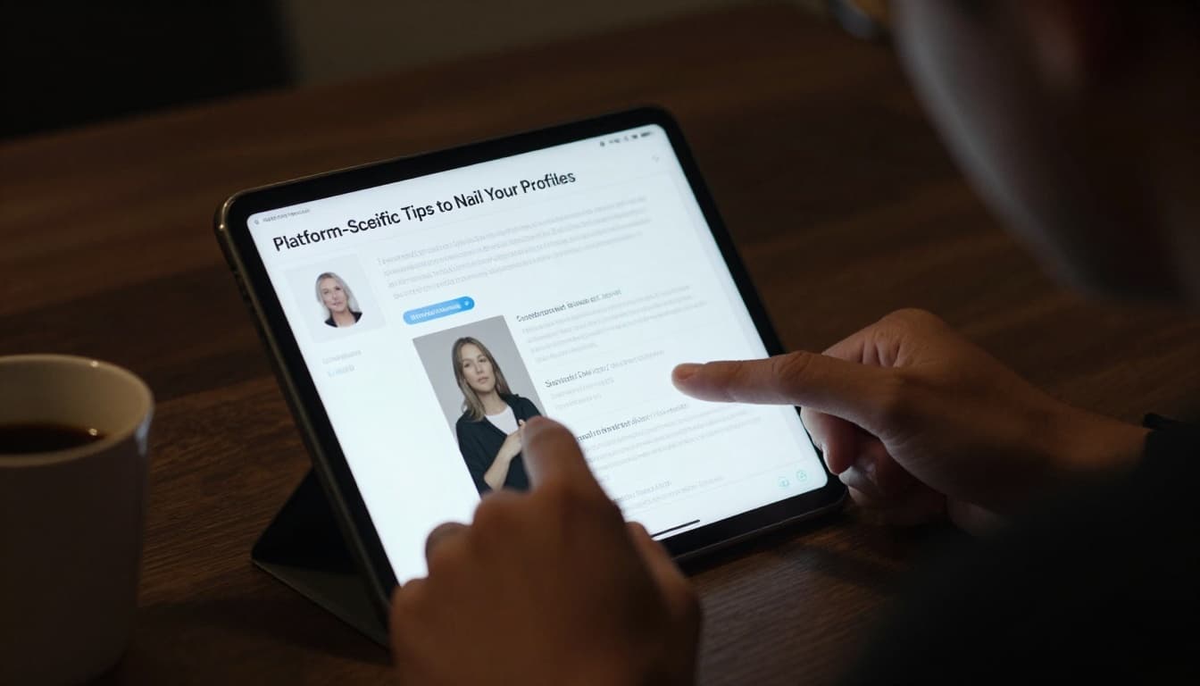 A relaxed person editing their profile on a phone screen angled on a desk with coffee, in cinematic style with strong contrast, dramatic lighting, and warm tones.