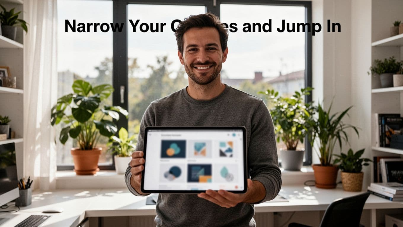 A confident freelancer stands in a bright modern home office, holding a tablet that displays a blurred portfolio of niche designs, with a slight smile and relaxed pose against a window with plants background.