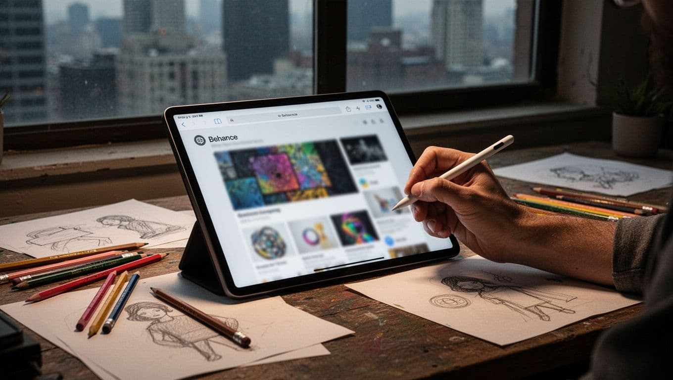 A cinematic creative workspace shows a digital tablet displaying a blurred Behance portfolio, an artist's relaxed hand holding a stylus, scattered sketches and color pencils, and a city view window, with strong contrast, dramatic lighting, and warm tones.