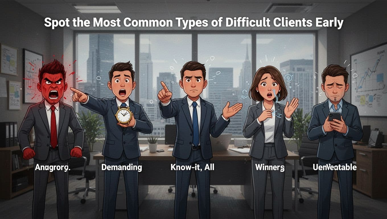 Subtle illustrative icons of five diverse difficult client types—angry yelling, demanding with watch, know-it-all gesturing, whiner sighing, unreliable on phone—arranged in a professional consultant's office with cinematic contrast and dramatic lighting.