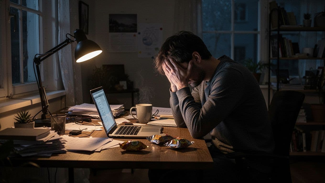 A solo freelancer slumps at a cluttered desk in a dimly lit home office late at night, head in hands showing exhaustion, with glowing laptop and scattered snack wrappers.