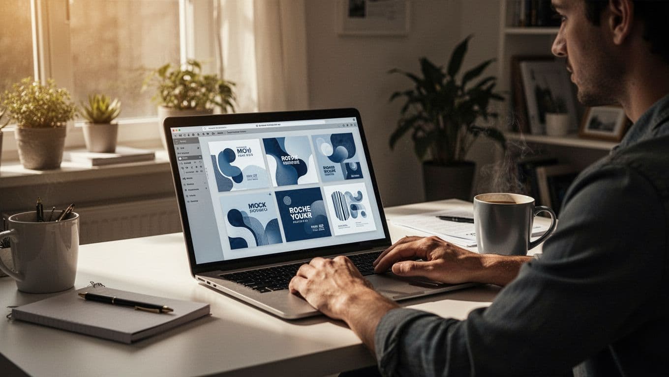 A focused freelancer at a tidy desk in a bright home office, with a laptop displaying abstract design mockups for their portfolio, hands relaxed near the keyboard, and a coffee mug nearby, in cinematic style with dramatic warm lighting.