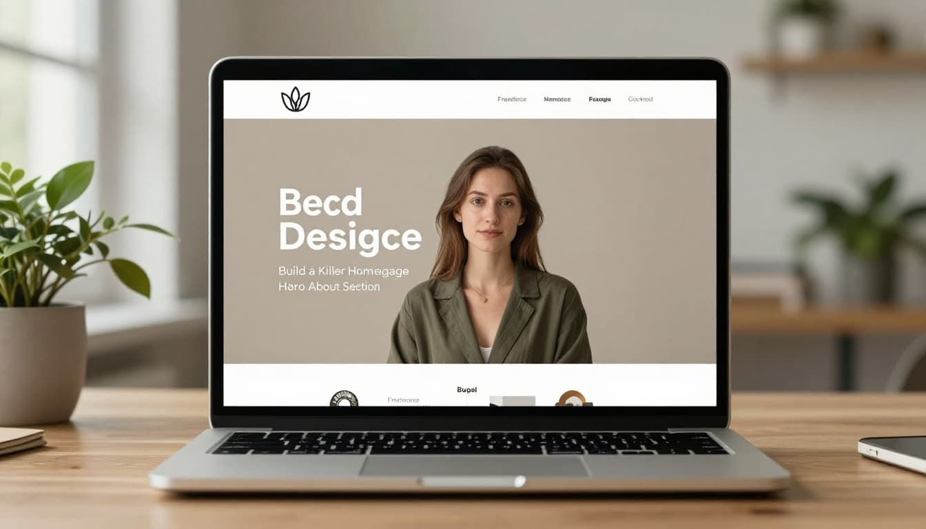 Modern laptop on a wooden desk in a bright home office with plants, showcasing a clean freelance portfolio hero section featuring a punchy logo design headline, subtle background, professional headshot, and simple navigation. Cinematic style with strong contrast, depth, dramatic side lighting, muted earth tones, and desaturated cool palette.