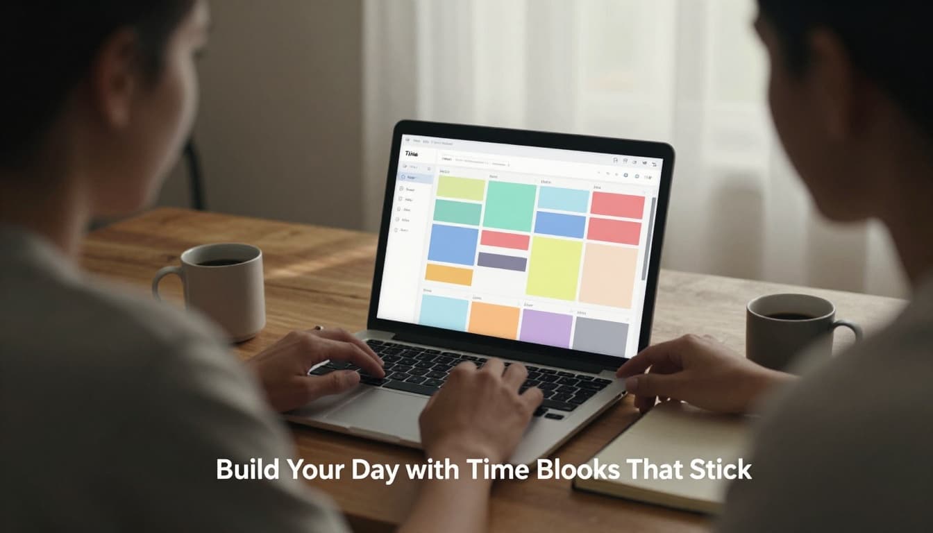 A freelancer leans over a laptop in a cozy home office, arranging colorful time blocks on a blurred calendar app interface, with morning light, coffee mug, and notebook nearby.