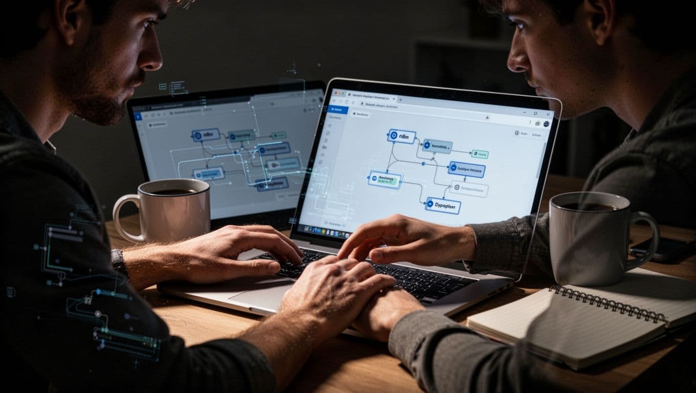A focused freelancer types on a laptop running an automation workflow tool like n8n, with a desk setup featuring a coffee mug and notebook. Dramatic side lighting creates strong contrast and depth in a cinematic style.