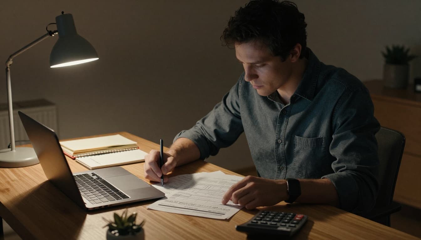 A focused freelancer sits at a wooden desk in a cozy home office, reviewing budget spreadsheets on a laptop and notebook with a calculator nearby, under warm lamp light with cinematic contrast and depth.