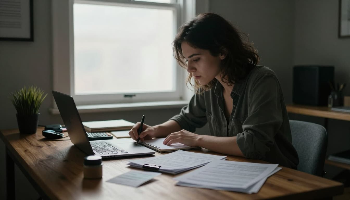 A focused freelancer sits at a wooden desk in a cozy home office, calculating expenses on a laptop and notepad with a calculator nearby, bills and receipts scattered around, under soft window light creating dramatic contrast and depth.