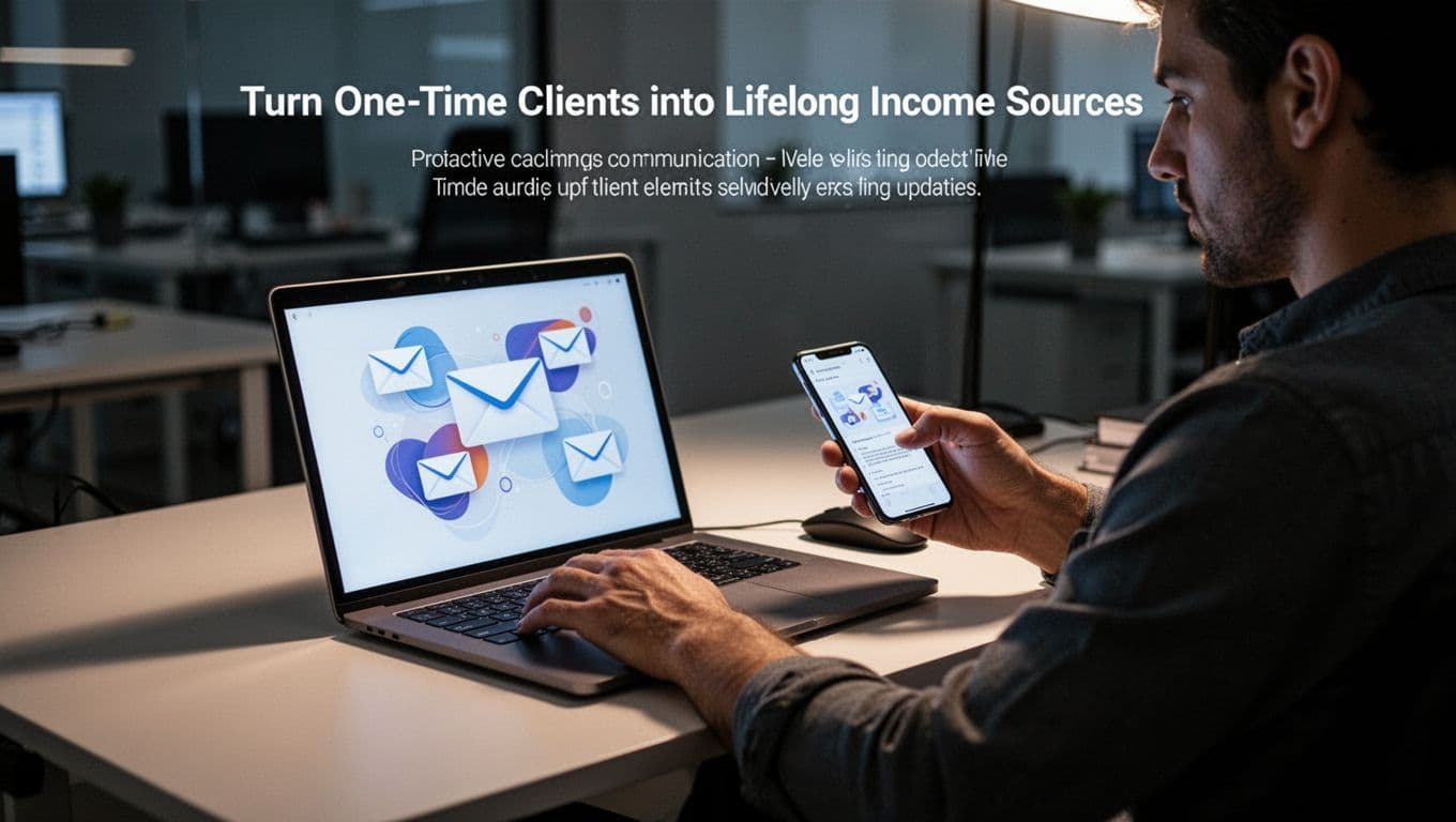 A relaxed freelancer in a modern workspace reviews emails on a laptop and phone, hand on mouse, with abstract email icons on screen, cinematic lighting with soft shadows and high contrast.