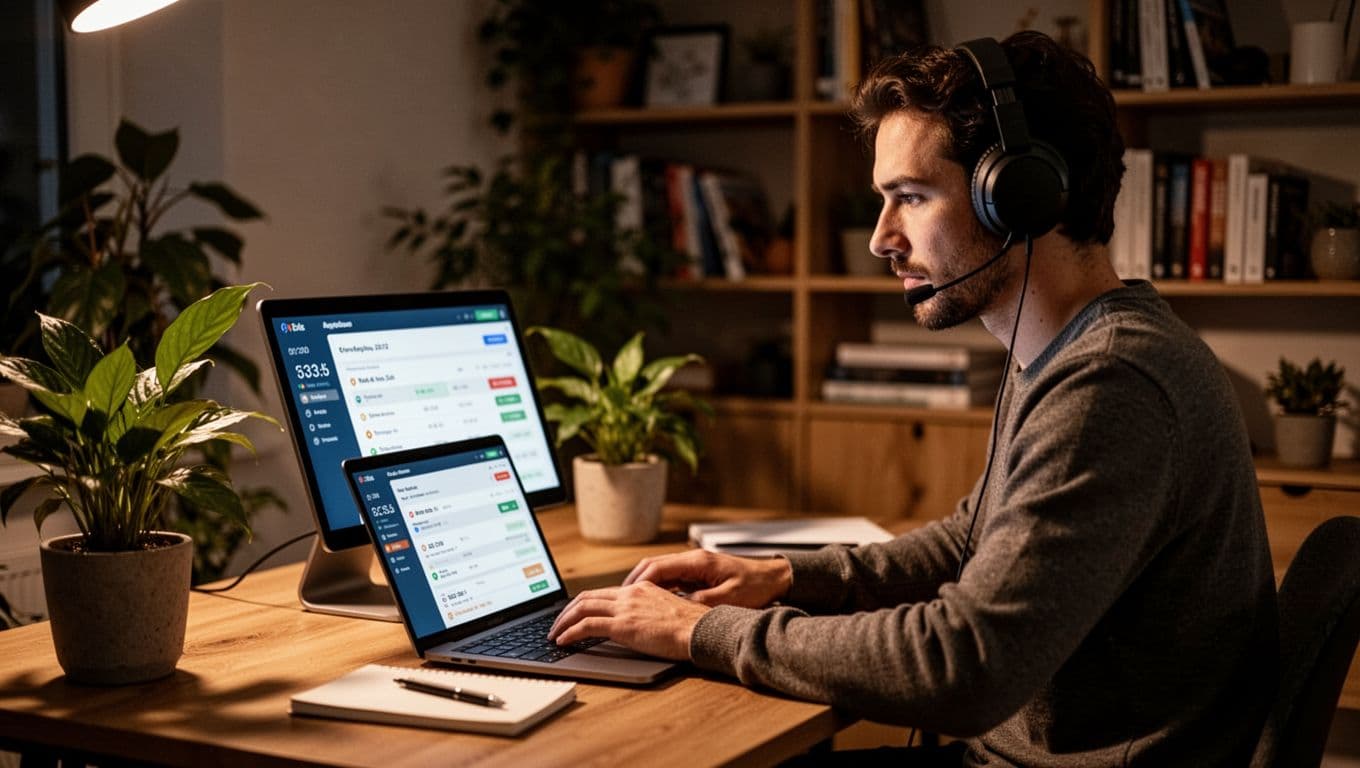A focused freelancer at a tidy modern home office desk checks a blurred time tracking app on an angled laptop screen while wearing headphones, surrounded by plants and bookshelves. Cinematic style with strong contrast, dramatic lighting, and warm earthy tones.