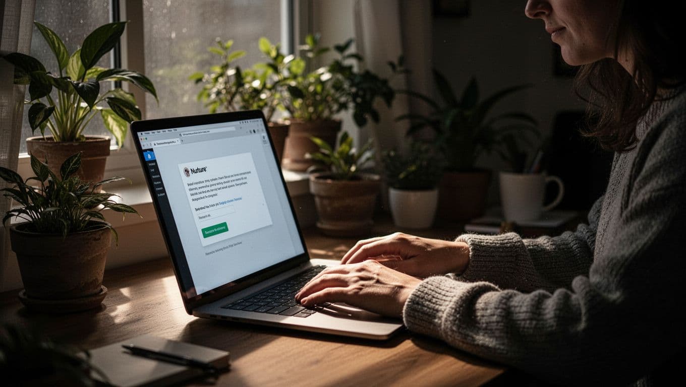 A freelancer composes a nurture email to past clients on a laptop in a cozy workspace with plants, illuminated by soft dramatic window lighting highlighting the keyboard and screen in cinematic style with strong contrast.