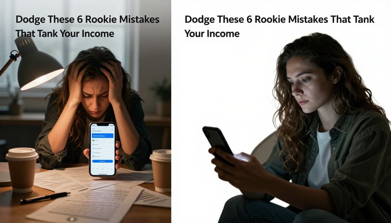 A beginner freelancer looks frustrated at low bank balance on phone app, surrounded by empty coffee cups and rejected proposals, transitioning to confident pose with higher rate approval in cinematic high-contrast dramatic lighting.
