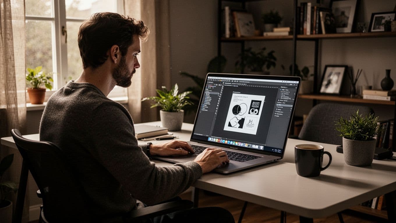 A single freelancer seated at a modern desk in a cozy home office, using a laptop with graphic design interface, coffee mug nearby, soft window light, cinematic style with strong contrast and depth.