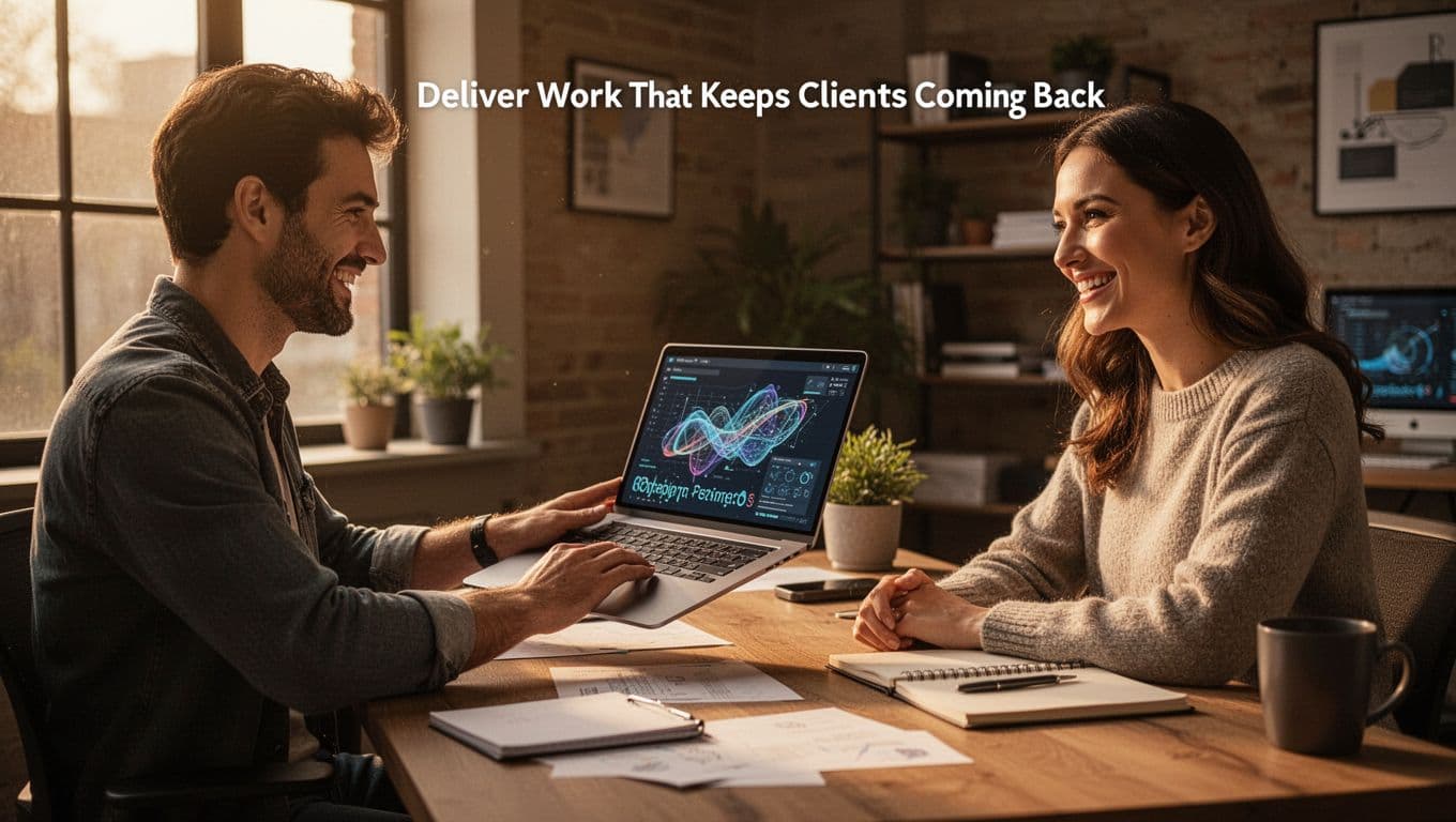 A freelancer at a modern desk in a cozy office hands a sleek laptop displaying abstract project completion to a smiling client, bathed in warm window light. Medium shot highlights the positive exchange in cinematic style with strong contrast, depth, and dramatic lighting.