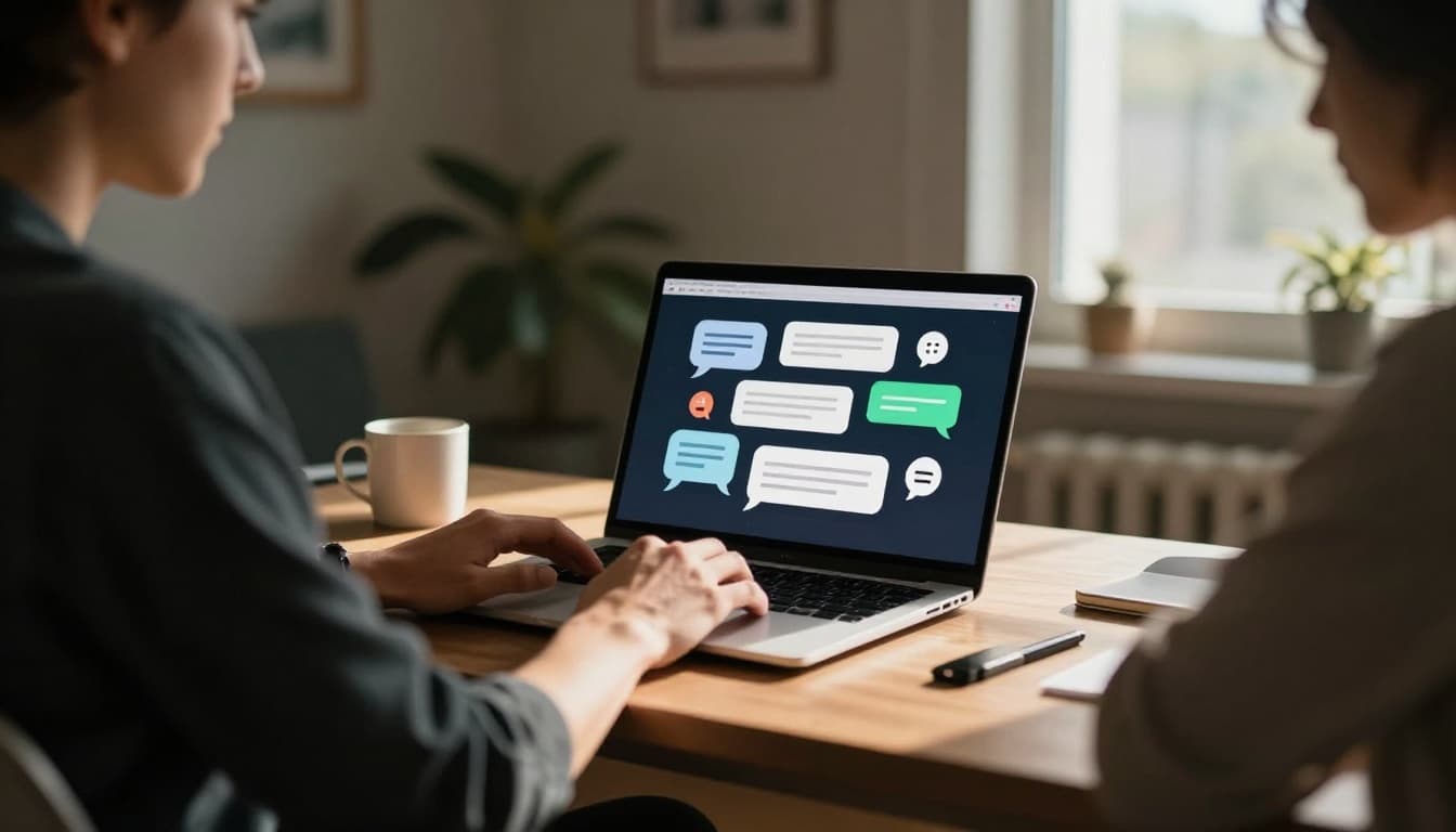Freelancer at a desk in a cozy home office typing on a laptop with abstract chat bubbles and forum icons on the screen, illuminated by warm natural light in a cinematic style with strong contrast.