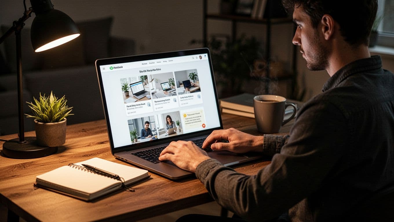 A freelancer works in a cozy modern home office at a wooden desk with a laptop displaying a portfolio website preview featuring project thumbnails and testimonials, notebook and coffee mug nearby, captured in cinematic style with dramatic side lighting and warm tones.