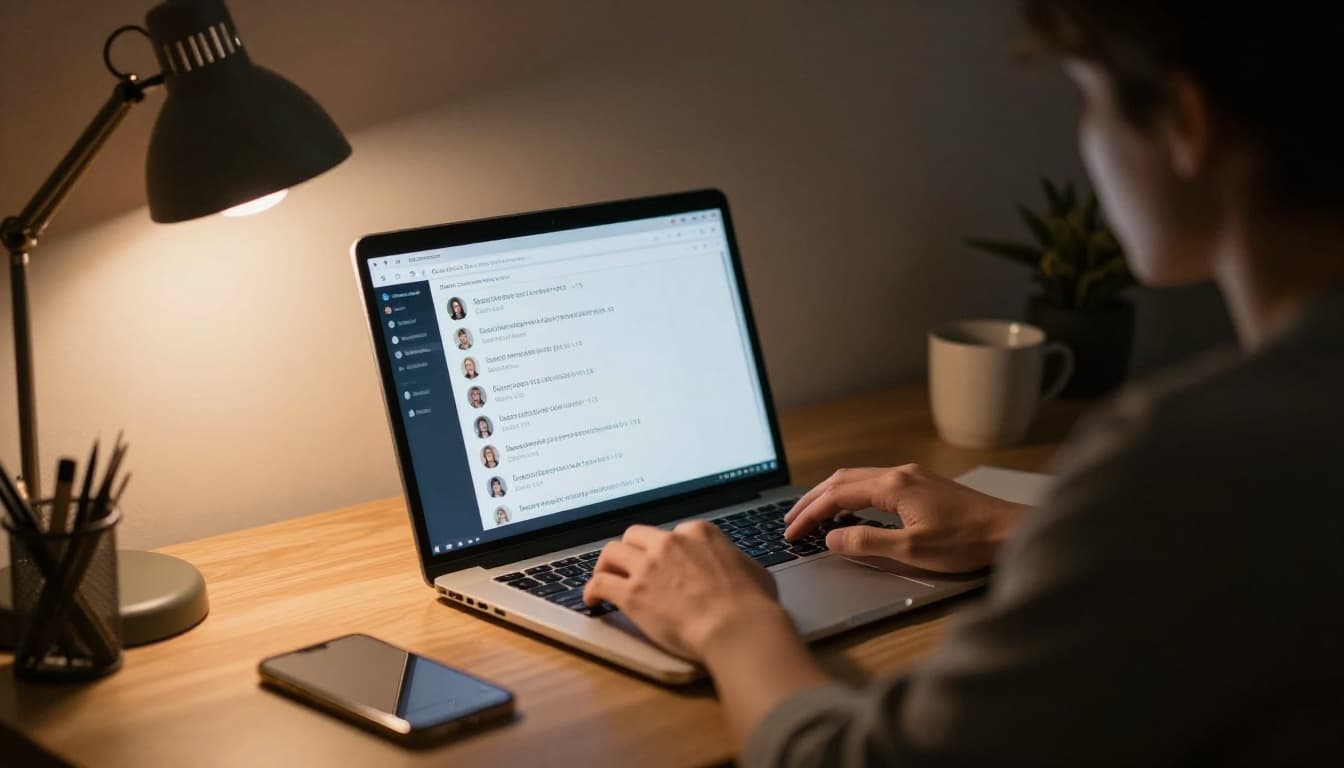 A solo freelancer at a modern desk in a cozy home office, laptop open to a Slack channel sharing a tip with peers. Warm dramatic desk lamp lighting highlights the screen and hands with strong contrast and cinematic style.