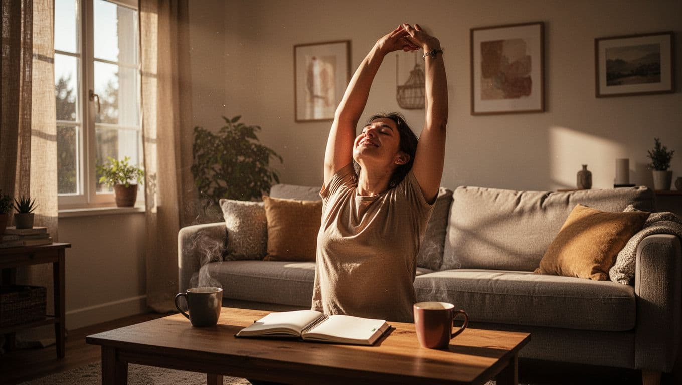 A freelancer begins their morning routine in a sunny living room, stretching arms upward in a relaxed pose with an open journal and coffee mug on the table nearby, bathed in natural dramatic light.