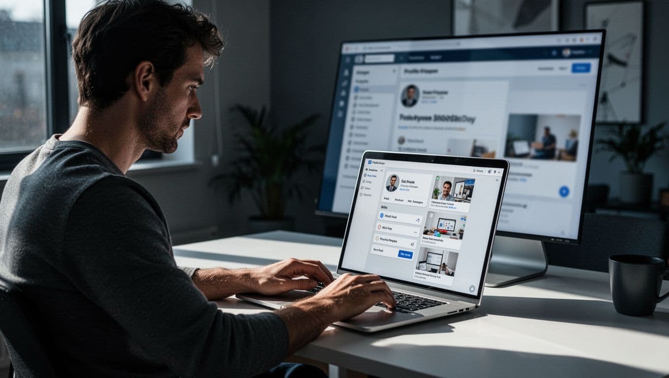 A focused freelancer in a modern home office works on their laptop, editing a freelance profile or gig with blurred skills and samples on screen, illuminated by natural window light casting long shadows in a cinematic style with dramatic contrast and desaturated blues and grays.