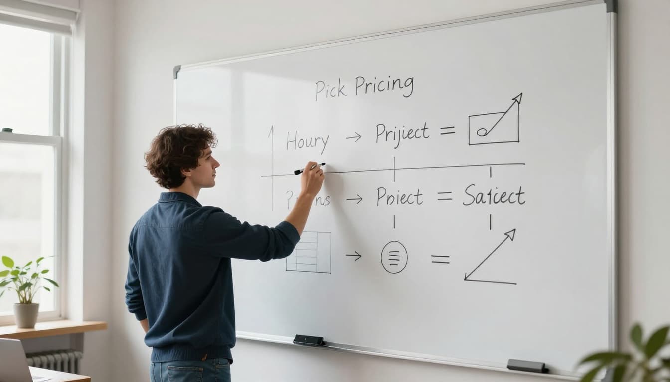 A freelancer in casual clothes stands at a whiteboard in a bright studio, sketching pricing models like hourly vs. project with icons and rising rate charts under cinematic window lighting.