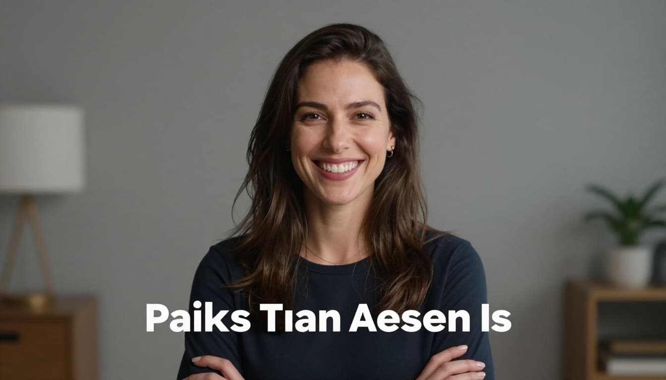 Professional freelancer woman smiling confidently at the camera in a shoulders-up headshot set in a modern home office with a plain neutral gray background, featuring strong contrast, dramatic cinematic lighting, and face centered.