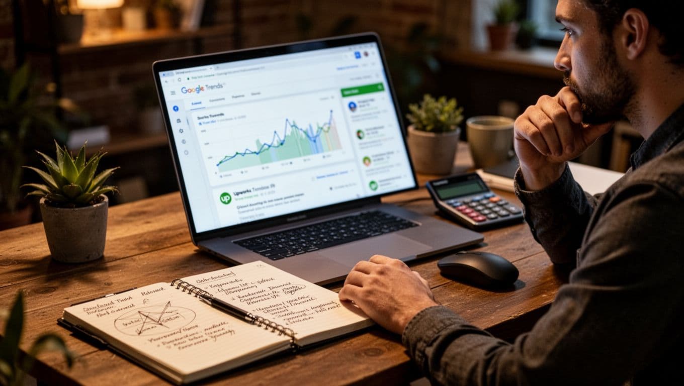 A single freelancer in a cozy office desk views a laptop with blurred Google Trends graphs and Upwork job listings, notebook with notes open, hand on chin thoughtfully, other on mouse, calculator nearby, in cinematic style with dramatic lighting.
