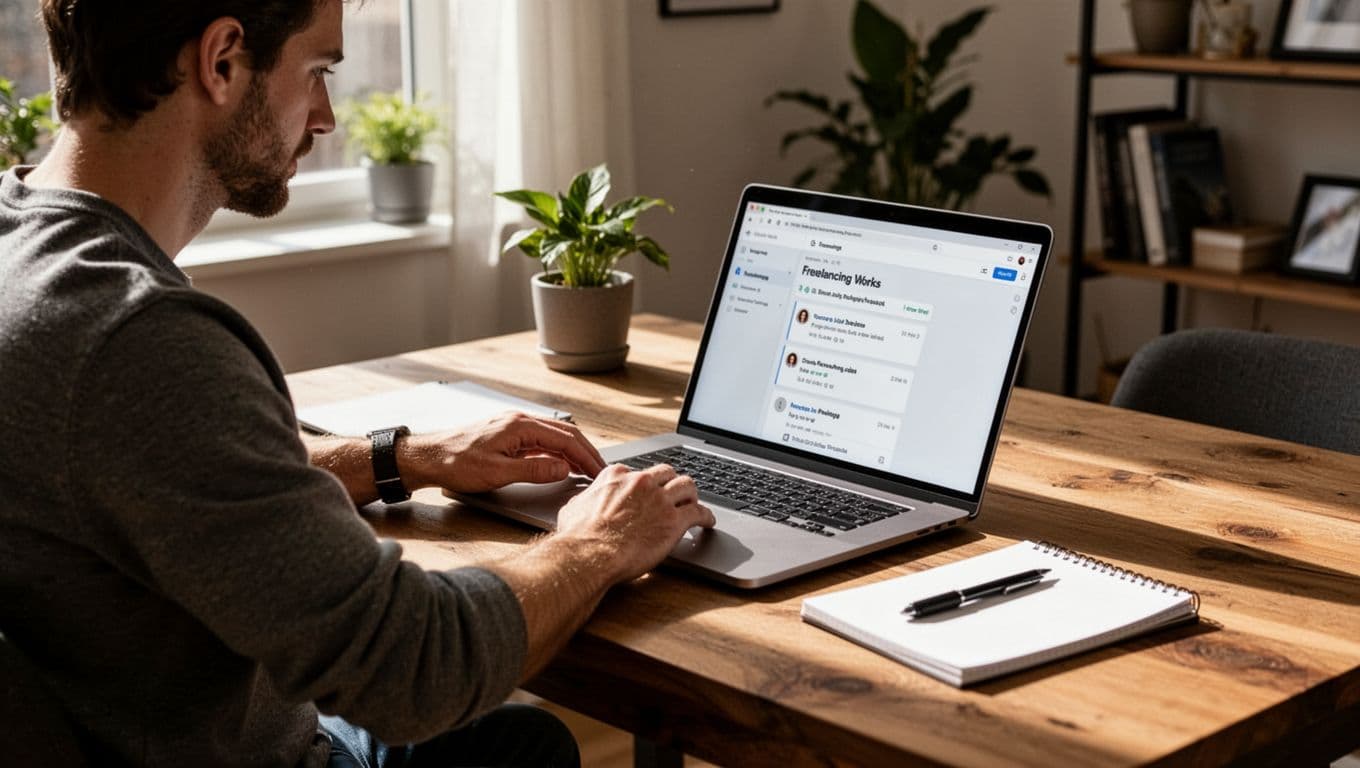A single freelancer at a wooden desk in a bright home office reviews job proposals on an angled laptop screen, with notepad and pen nearby, in a relaxed posture under natural daylight and cinematic lighting.