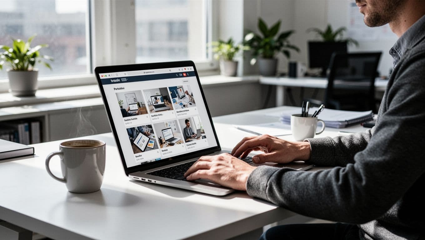 Freelancer at clean desk in bright office reviewing digital portfolio on open laptop with coffee mug nearby, cinematic lighting and strong contrast.