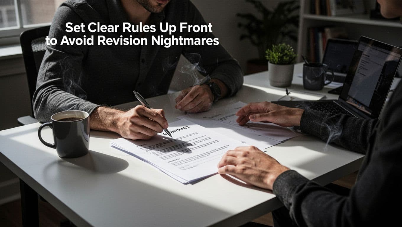 Freelancer sitting at a modern desk in a home office, reviewing and signing a freelance contract with pen in hand, coffee mug and laptop nearby, illuminated by soft window light in cinematic style with dramatic lighting and depth of field.