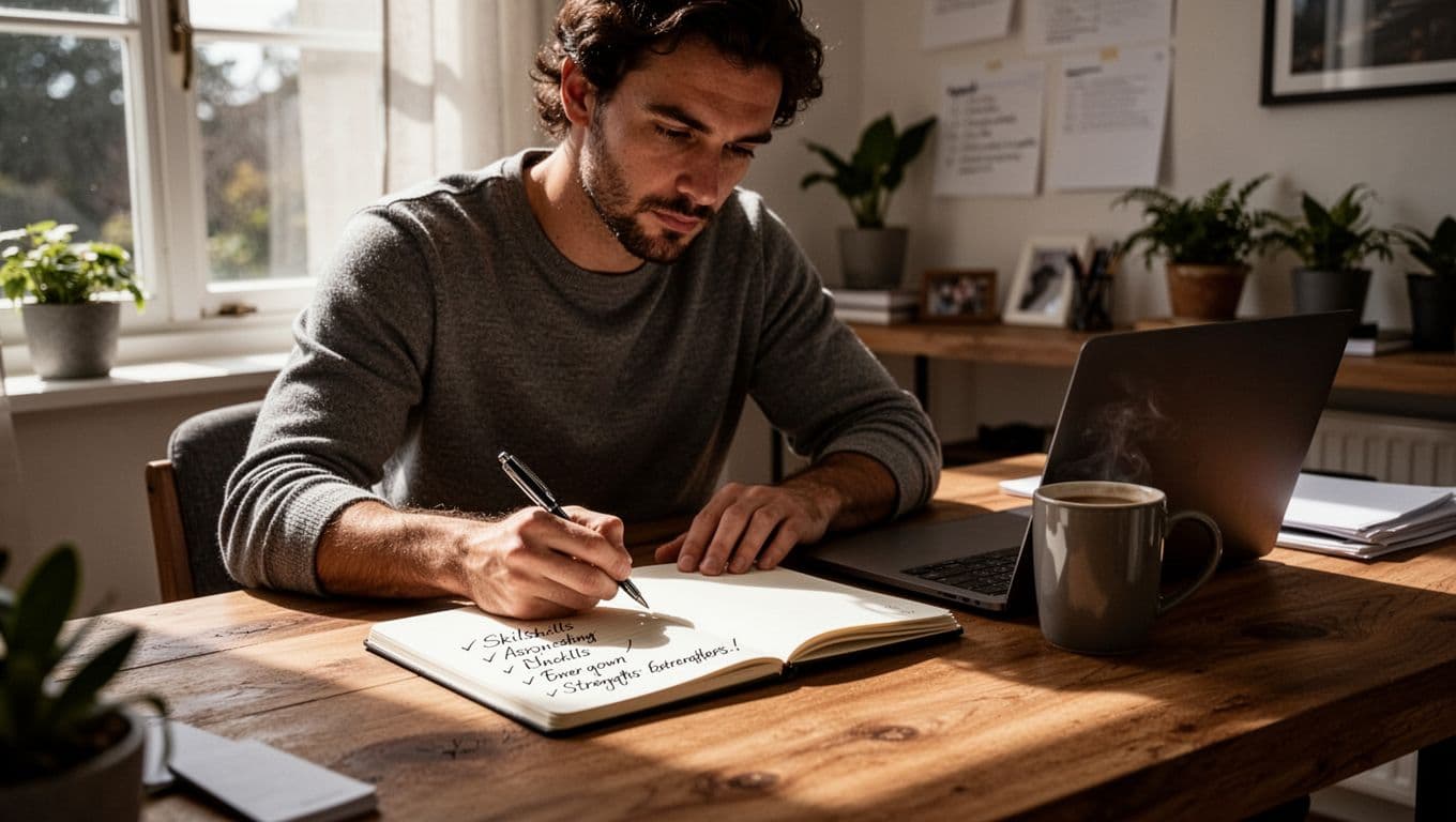A focused freelancer sits at a wooden desk in a bright home office, writing a personal skills list in a notebook next to a laptop and coffee mug, with cinematic lighting.
