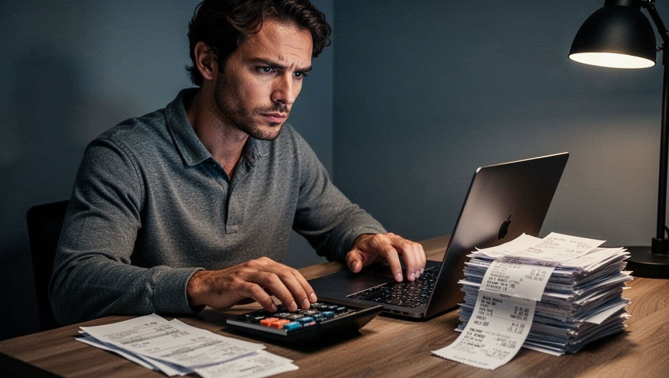 A serious freelancer uses a calculator and laptop to track expenses and taxes, with a stack of receipts nearby in a warmly lit office corner.