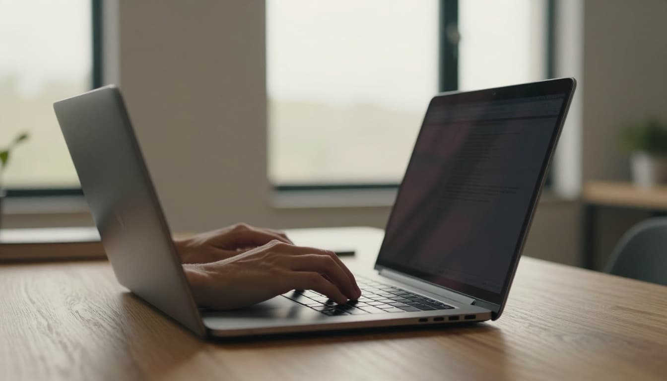Focused freelance writer typing intently on laptop at wooden desk in modern home office with natural light, close-up on hands and screen edge in cinematic style.