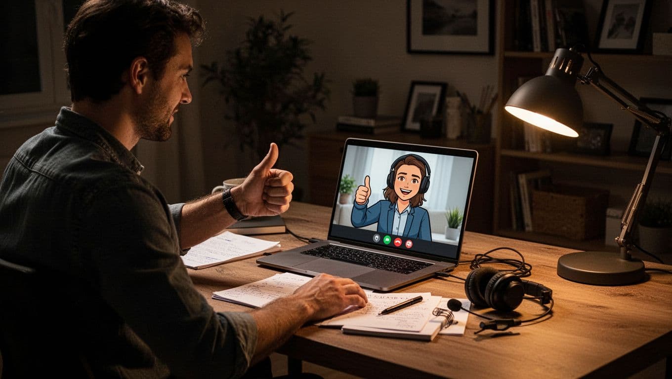 A single freelancer in a professional home office setup on a video call via laptop, with client avatar visible, giving thumbs up, notes and headset on desk, illuminated by warm lamp light in cinematic style with strong contrast and depth.