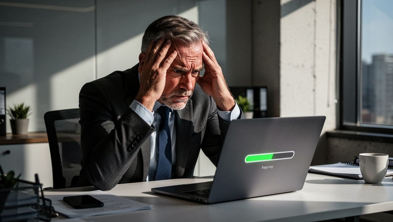 Middle-aged business owner in a modern office, intensely staring at a laptop screen with a slow-loading progress bar, hands clutching head in frustration, dramatic window light and cinematic style.