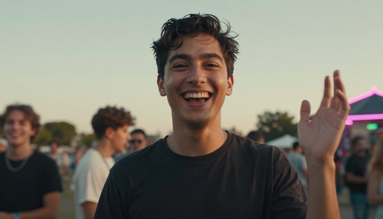 Candid vertical photo of a person smiling playfully outdoors with retro filter effect, subtle neon accents, fun edgy vibe for social media, cinematic style with strong contrast and dramatic lighting in warm tones.