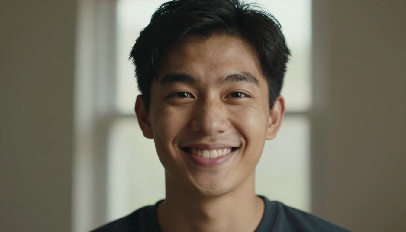 Eye-level selfie of one young adult smiling genuinely with eye crinkles in natural window light, head and shoulders close-up on simple home background with cinematic contrast and warm tones.