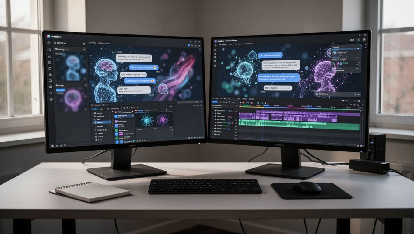 Sleek empty desk setup with dual monitors displaying blurred AI chatbot wireframes, motion graphics timeline, and Webflow editor, keyboard, mouse, notepad, under soft natural window light with cinematic contrast.