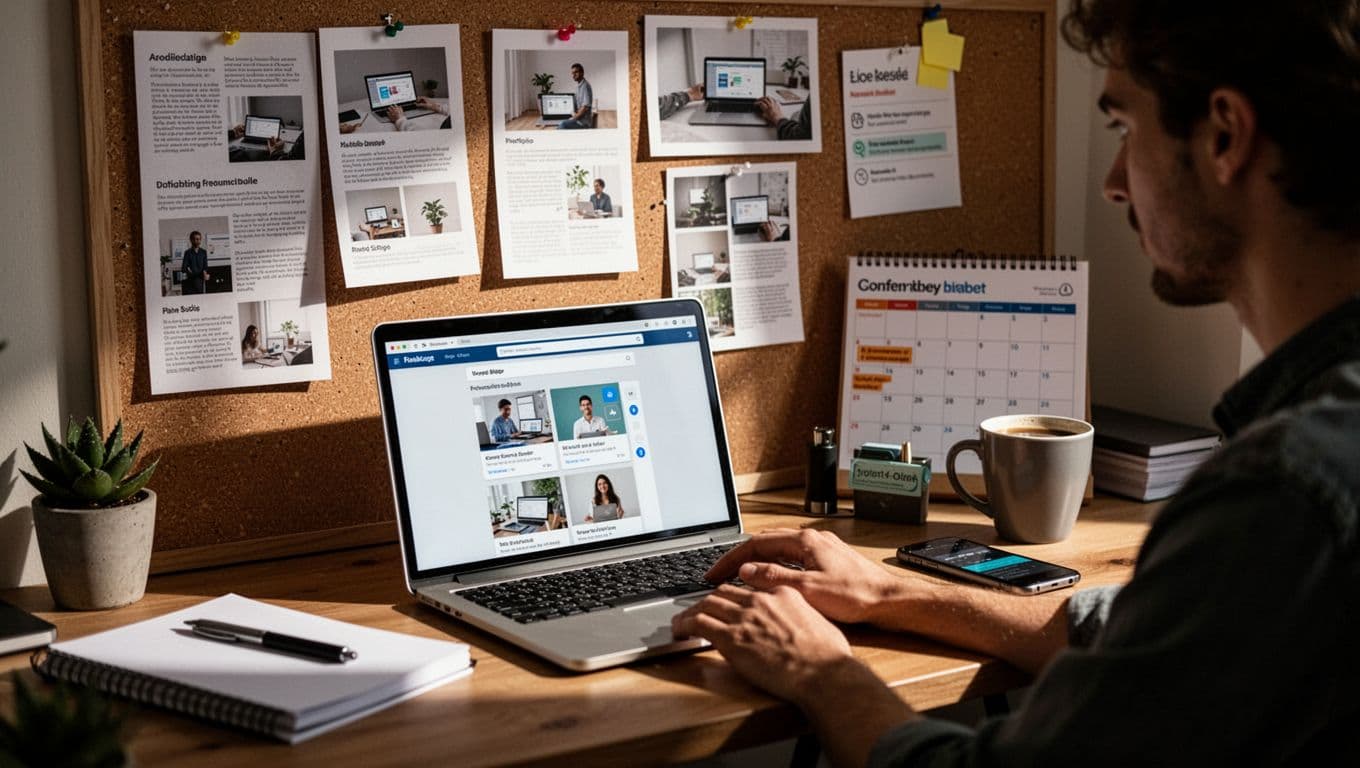 An organized desk of a newbie freelancer shows a laptop open to a portfolio builder, printed samples on a corkboard, calendar alerts, coffee, and phone, with a focused yet relaxed worker in natural daylight and cinematic lighting.