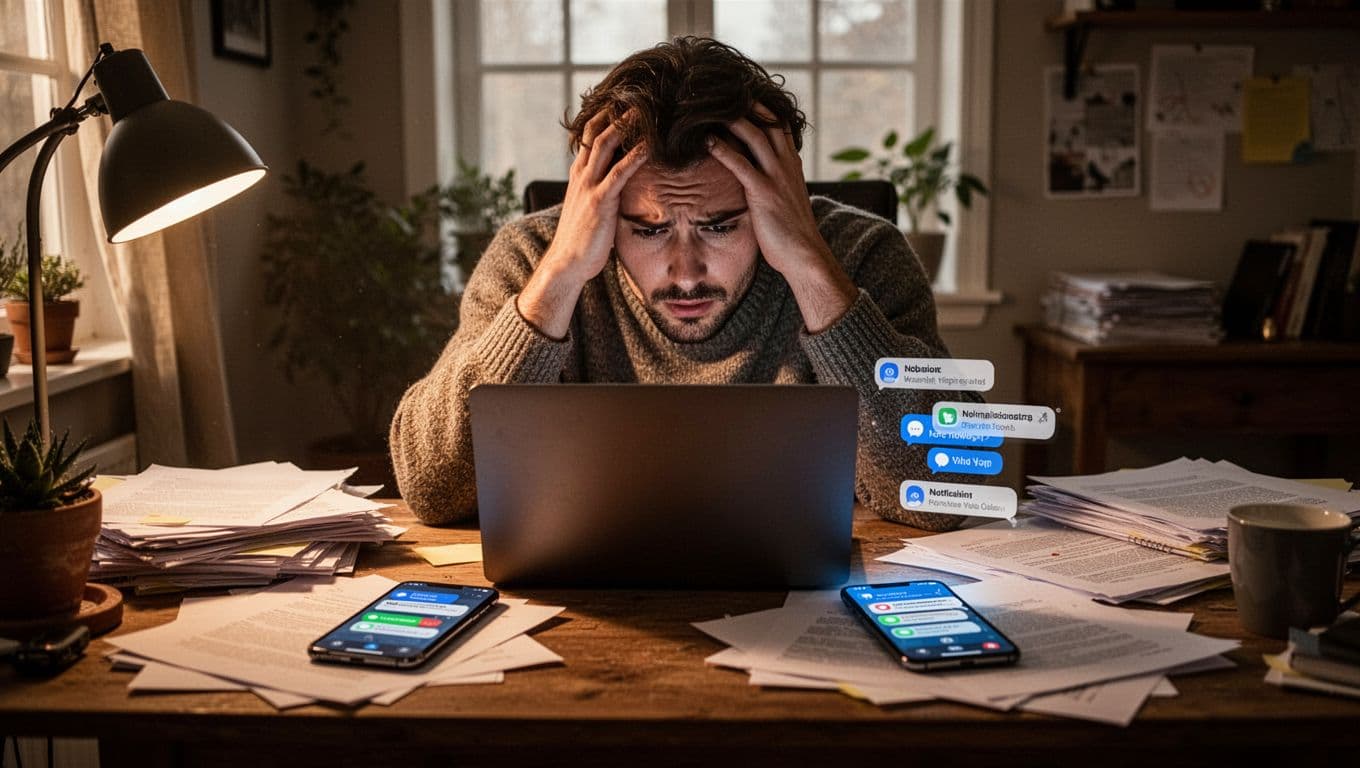 A stressed freelancer sits at a cluttered home office desk with an open laptop and smartphone displaying multiple notification pop-ups, looking overwhelmed while holding their head amid scattered papers.