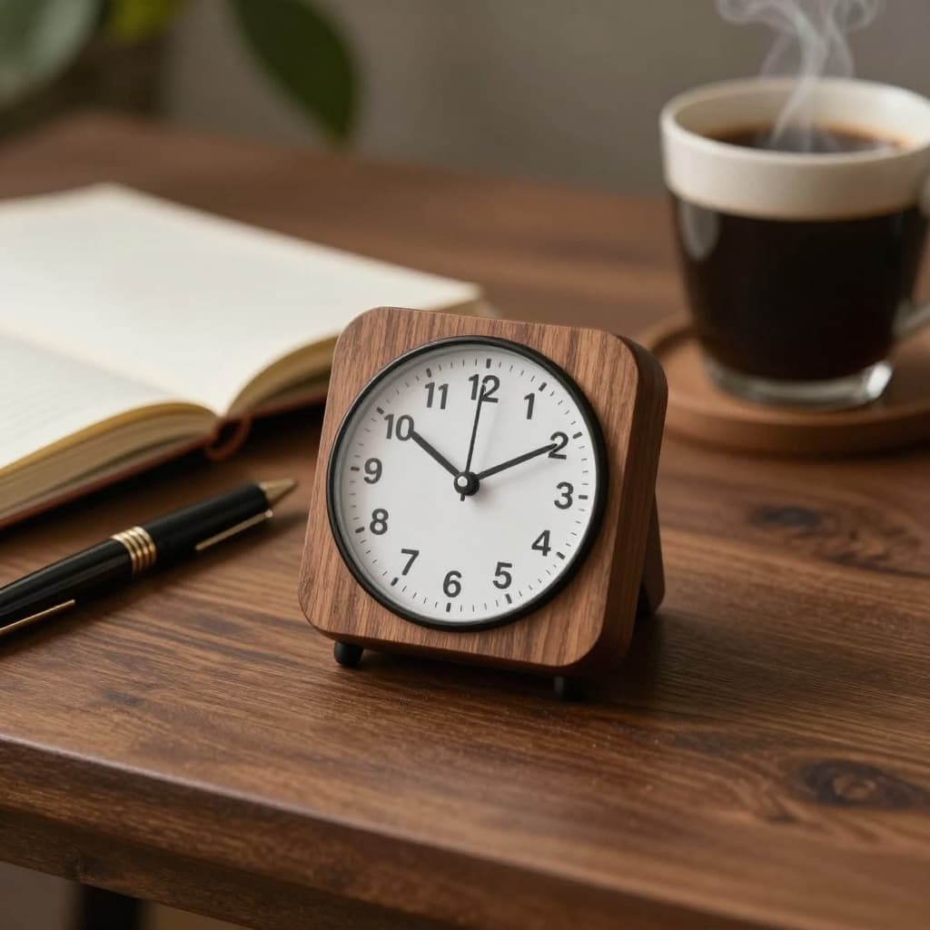 Analog timer set to 25 minutes on a wooden desk beside an open notebook, pen, plant, and steaming coffee cup, with a soft-focused home office background.