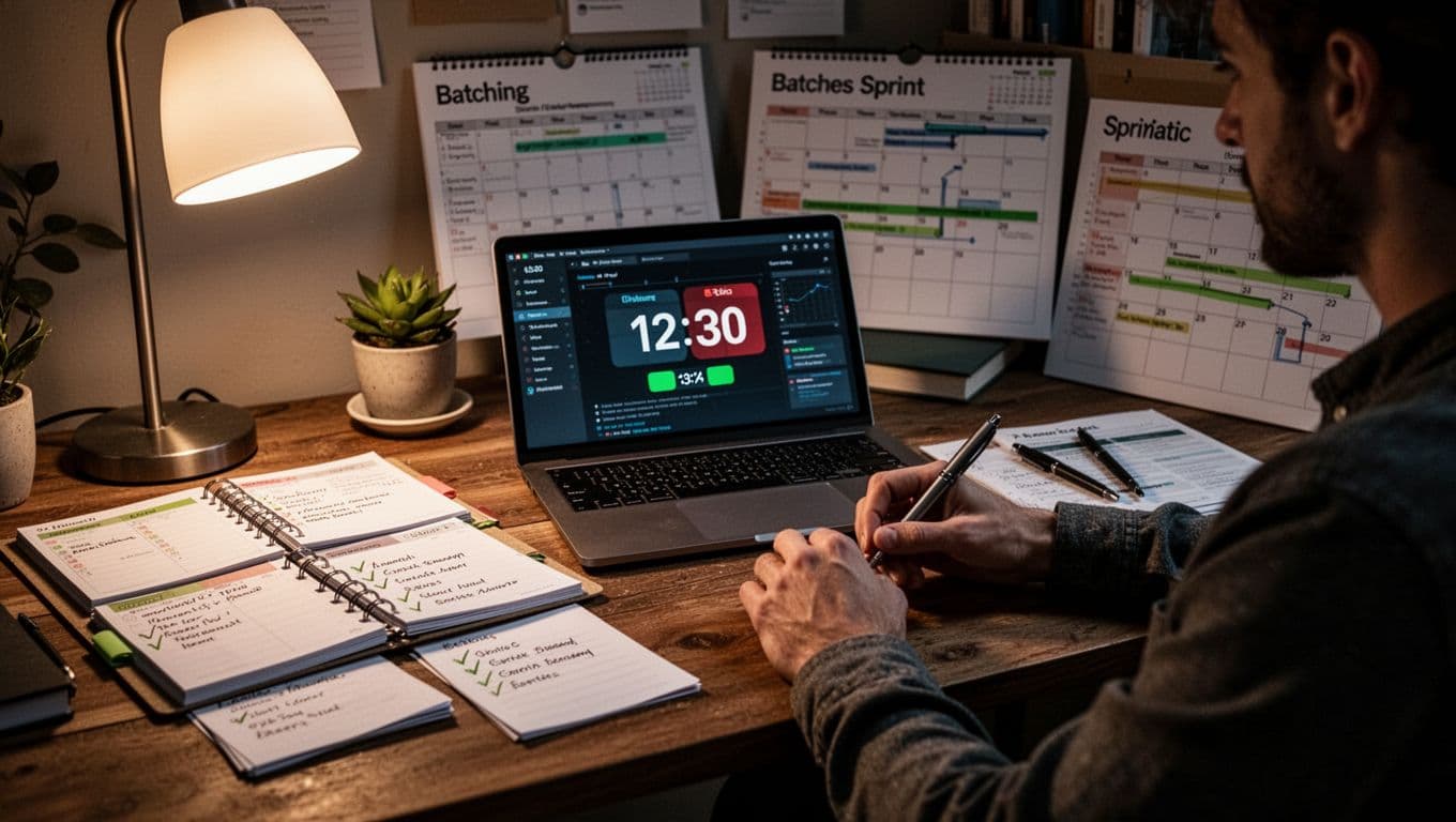 A determined freelancer sits at a wooden desk in a cozy workspace, surrounded by planners, checklists, calendars marked with batches and sprints, and a digital timer on the laptop screen, embodying boosted productivity habits.