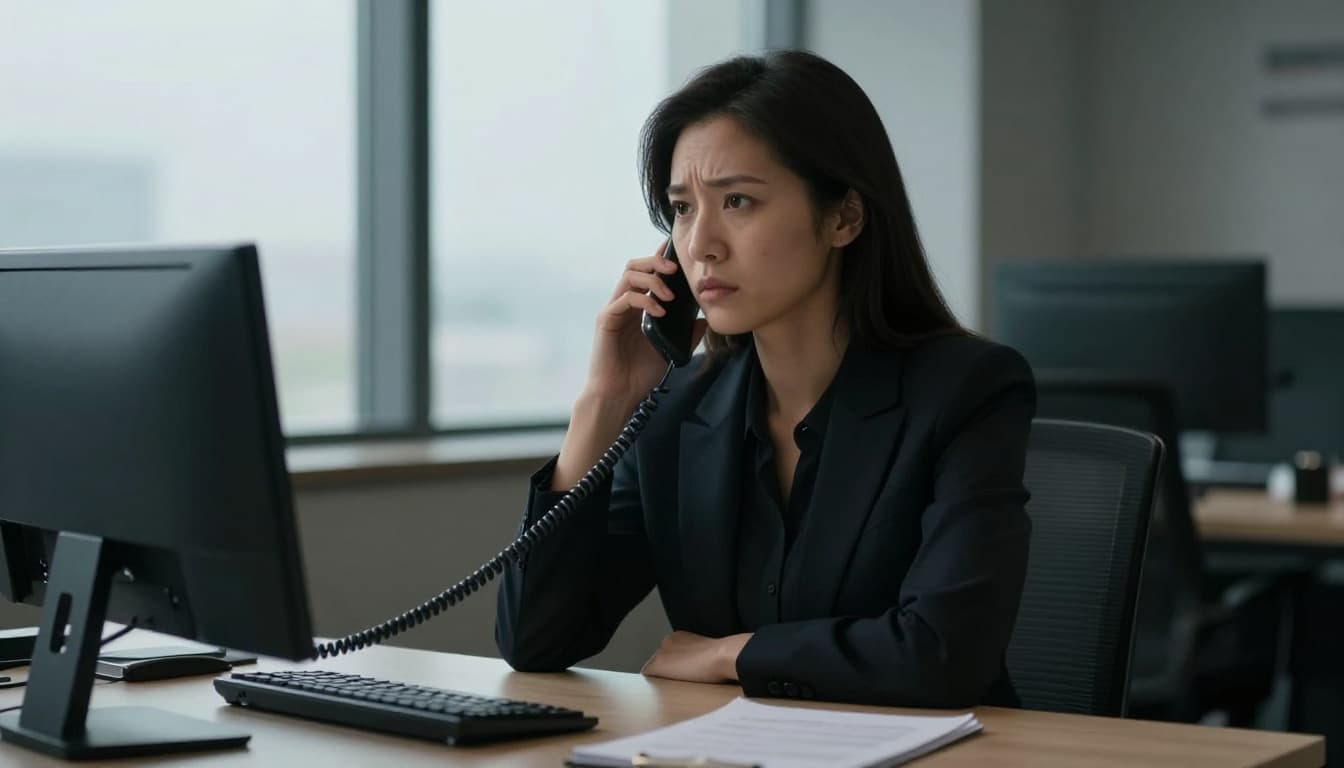 A professional in a modern office sits calmly at a desk with a notebook, listening to a tense phone call with a steady gaze and relaxed posture, captured in cinematic style with strong contrast and dramatic window lighting.