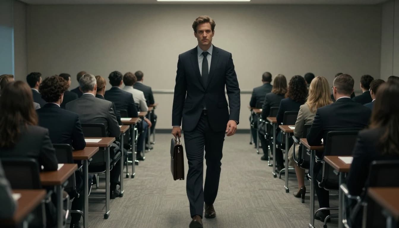 A determined professional walks confidently away from a tense, empty conference room meeting, briefcase in hand, symbolizing firing a difficult client with cinematic dramatic backlighting.