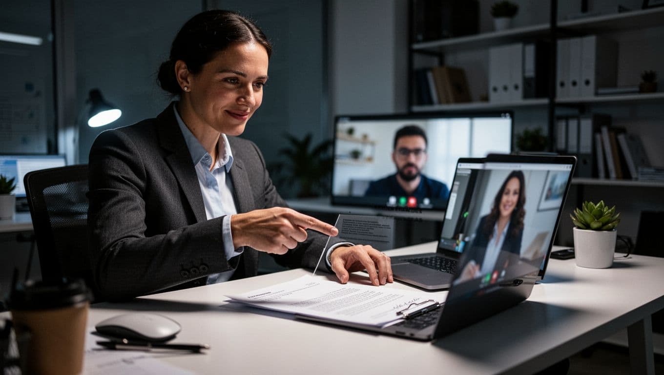 A confident business professional in a modern office points to a contract on the desk while on a video call, clearly setting expectations with a client. Cinematic style with dramatic side lighting and strong contrast emphasizes the scene.