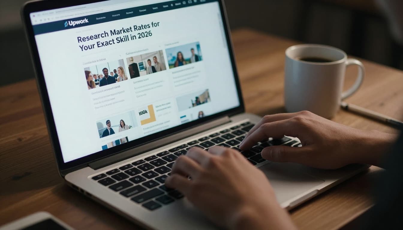 Close-up from above of a laptop screen showing freelance job listings, with relaxed hands on the keyboard in the foreground, coffee mug and notebook on a modern desk, cinematic lighting with strong contrast.