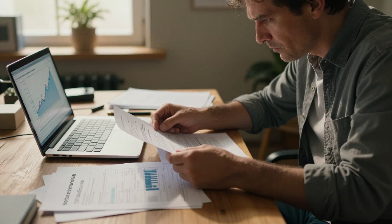A middle-aged man in casual shirt sits at a cluttered wooden desk in his home office, reviewing printed invoices and a laptop screen showing an upward trending cost graph, with a concerned expression on his face under warm window light.